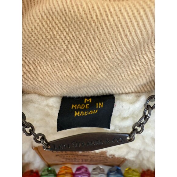 Vintage 90s Mens Levis Tan Cotton Trucker Jacket Sherpa Lined Size M - Picture 4 of 14